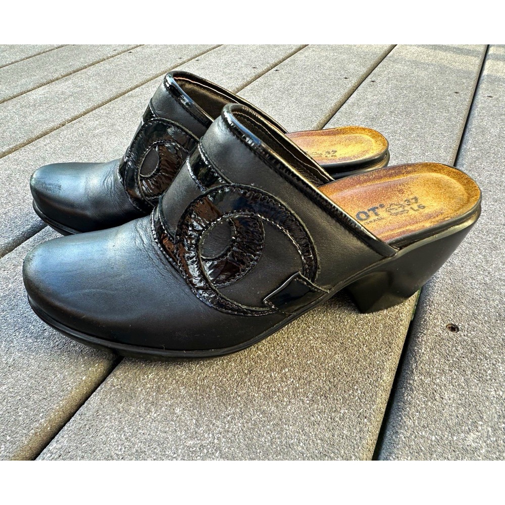Naot Black Leather Slip-On Mule Heels Round Toe Block Heel EU 37 US 6